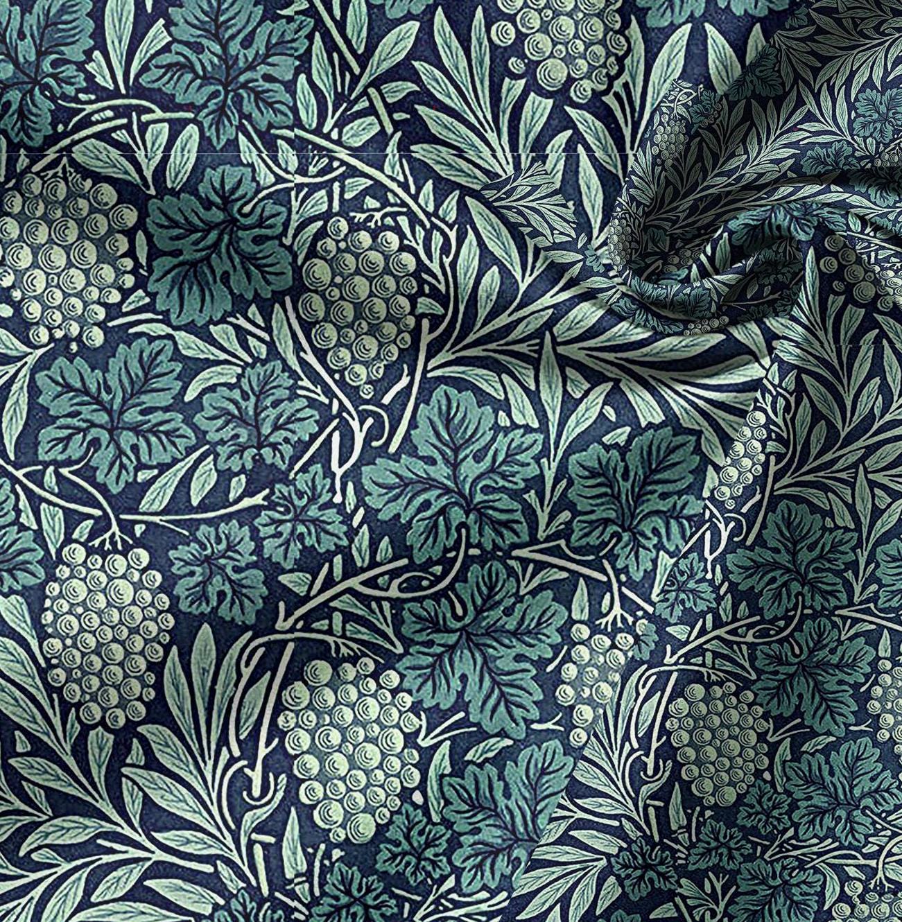 100% LINEN Fabric wine grapes from William Morris, Victorian fabric with blue floral print for upholstery home decor in Linen
