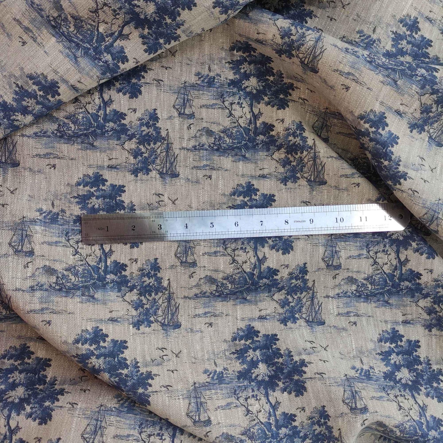100% LINEN Fabric Toile de Jouy with ship and island print, oatmeal natur linen with blue indigo coastal print, linen fabric home decor