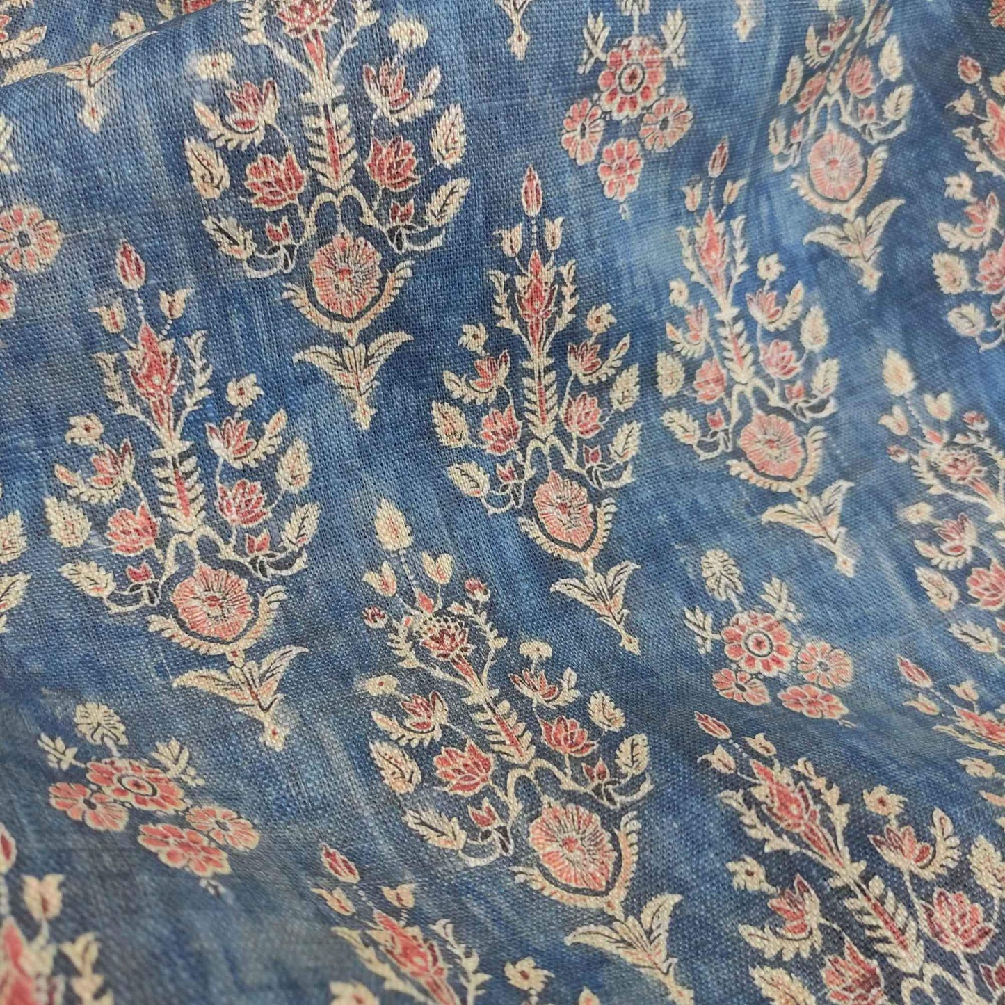 100% LINEN Fabric block print, oatmeal natur linen fabric with blue floral print, heavy linen fabric for upholstery home decor 322