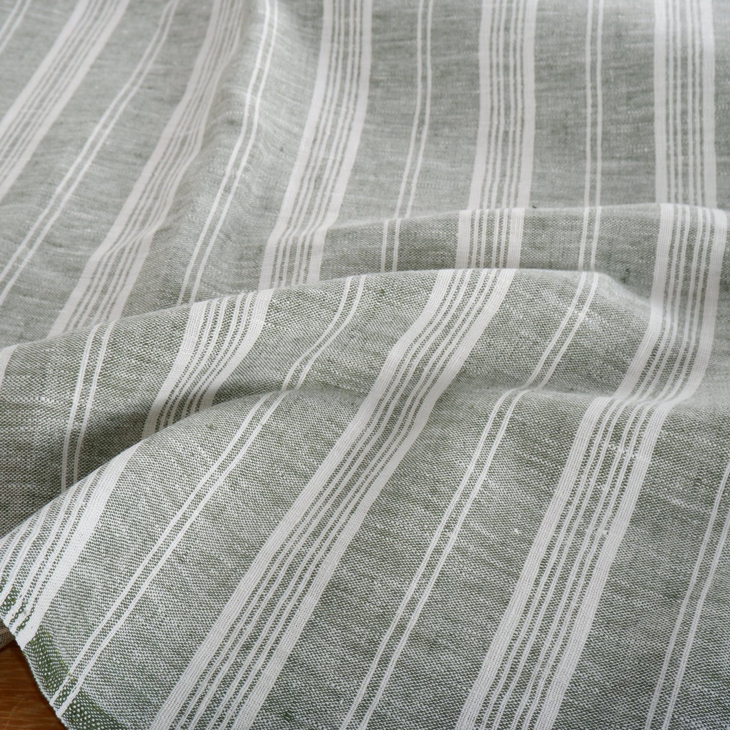 Premium Linen striped Fabric in green white | Heavy weight French country ticking stripes in green black blue yellow white