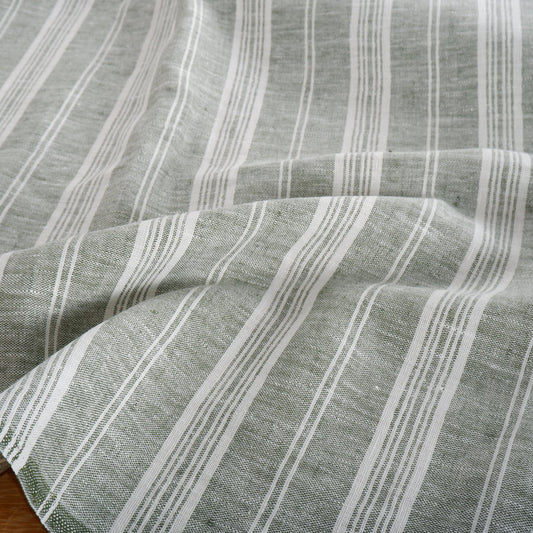 Premium Linen striped Fabric in green white | Heavy weight French country ticking stripes in green black blue yellow white