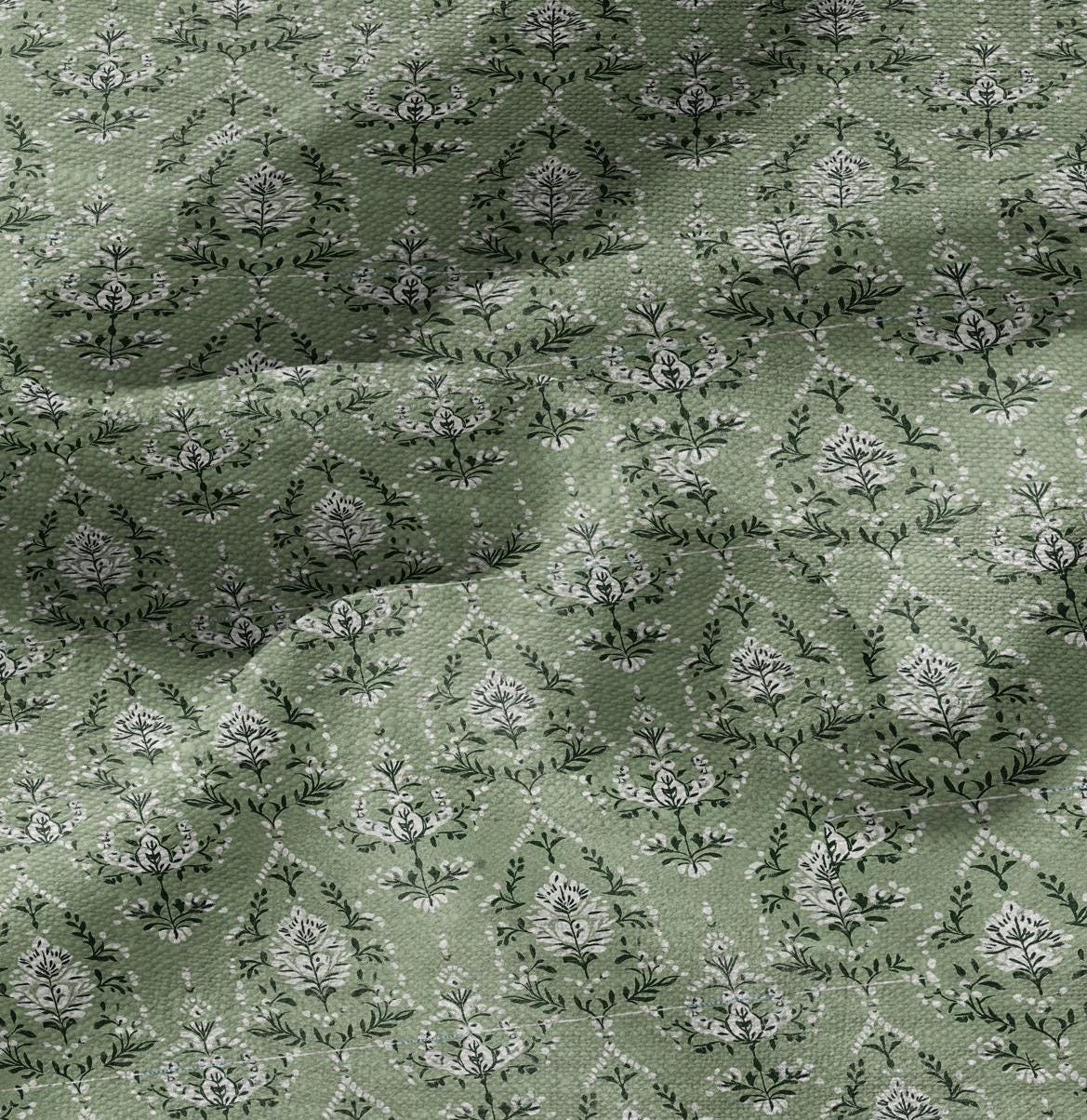 100% LINEN Fabric in floral block print - botanical green linen fabric for upholstery home decor curtains dress making pillowcases