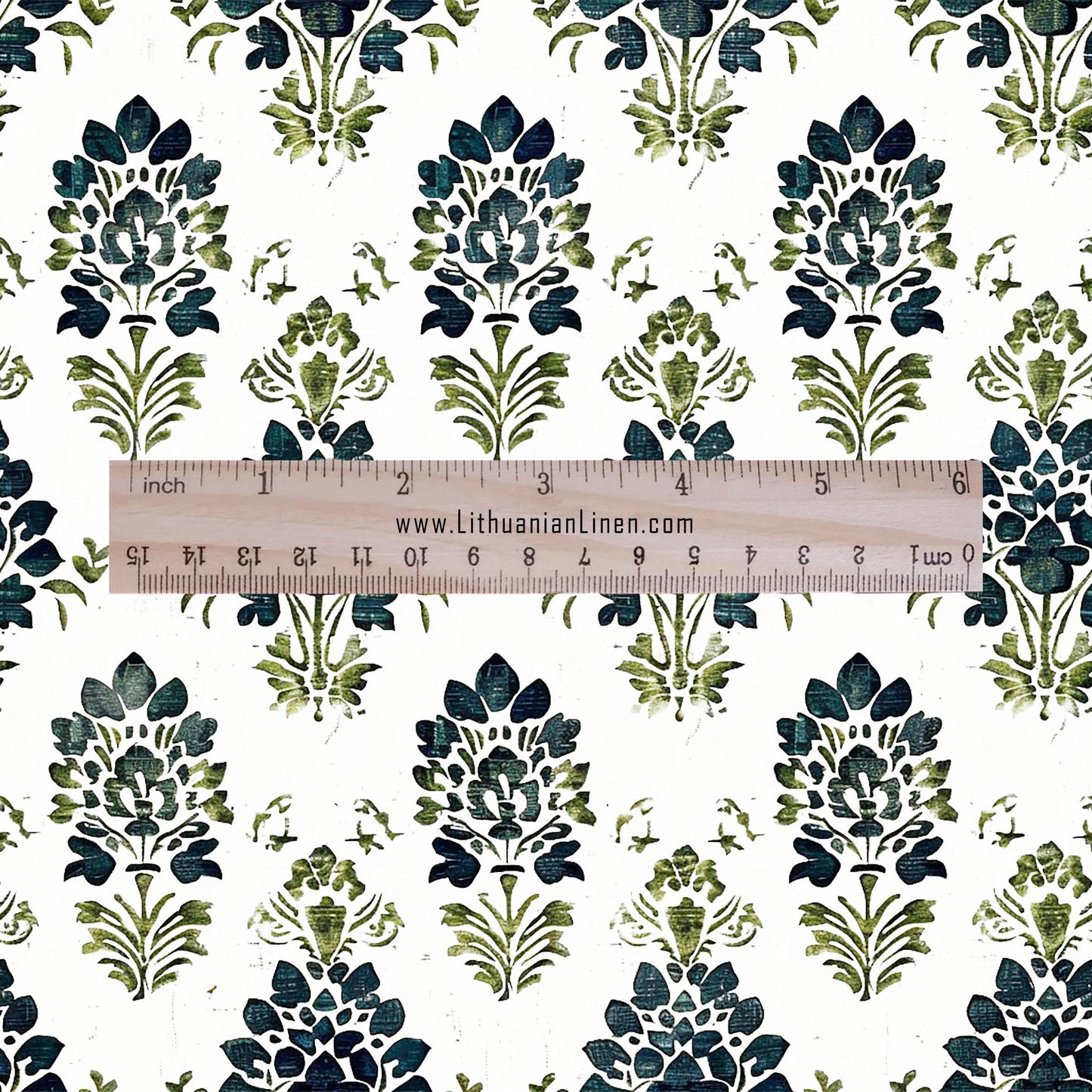 100% LINEN Fabric block print green petrol on white - floral print heavy linen fabric for upholstery home decor 2010