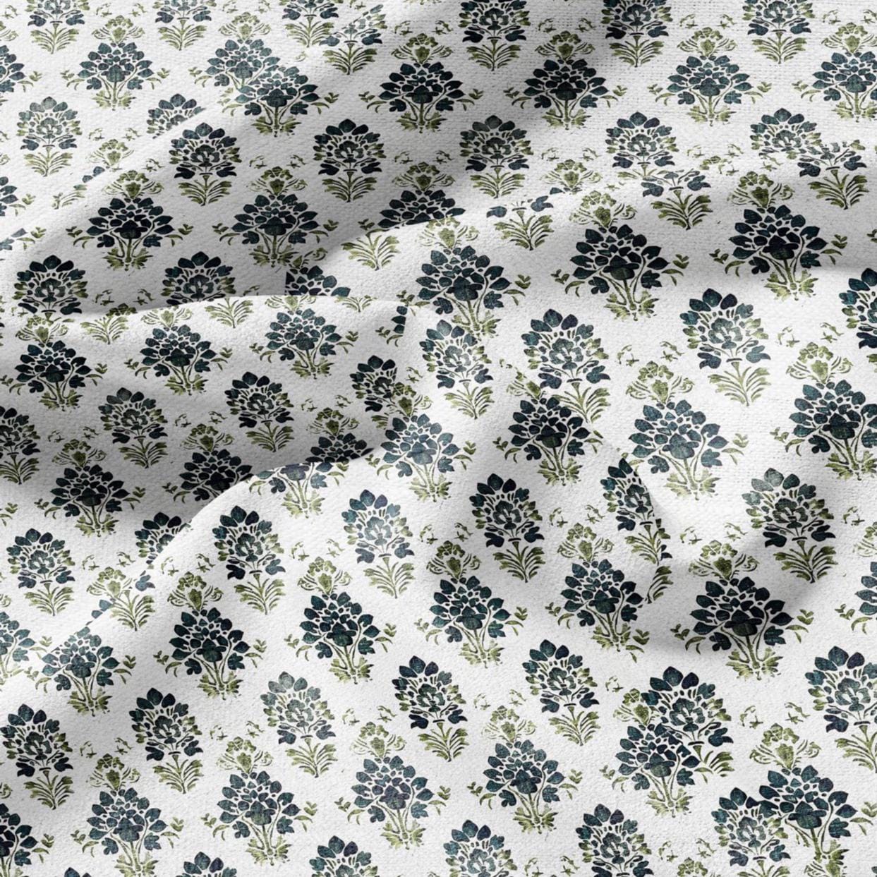 100% LINEN Fabric block print green petrol on white - floral print heavy linen fabric for upholstery home decor 2010