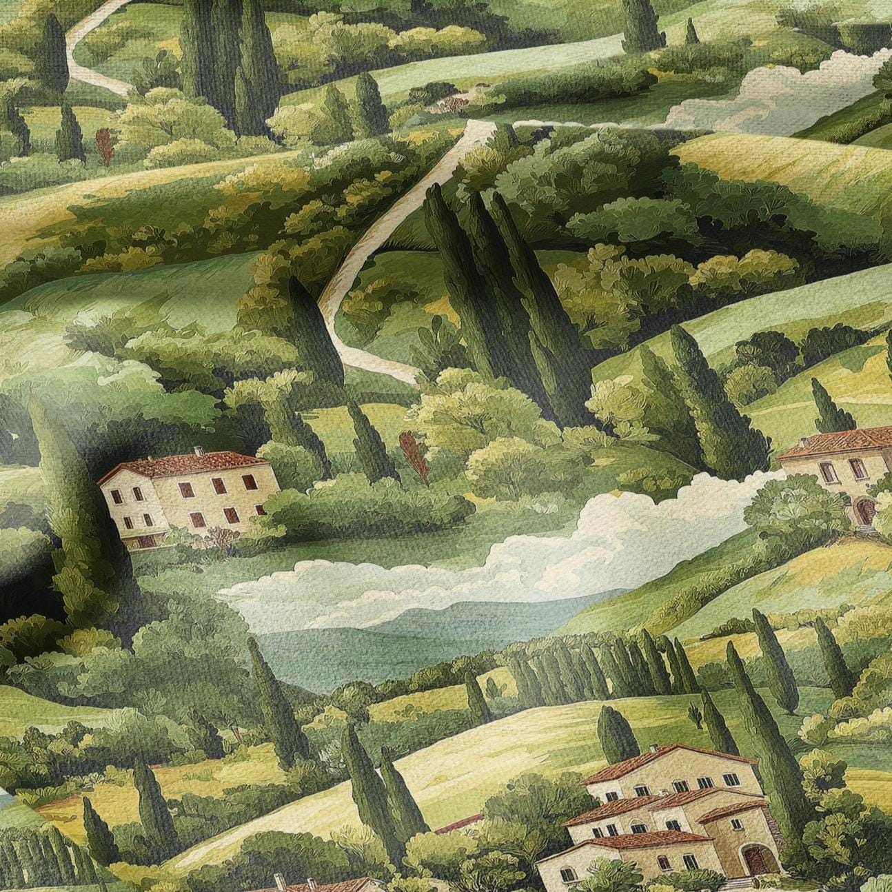 100% LINEN Fabric Italian Tuscany scenery, linen fabric with green print, heavy linen fabric for upholstery home decor tablecloth
