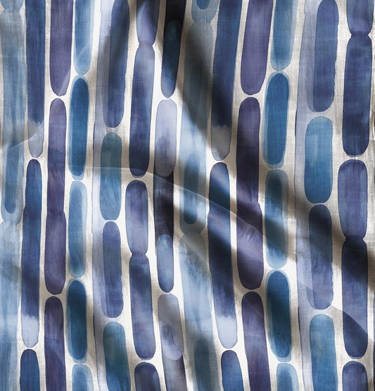 100% LINEN Fabric Abstract Watercolor blue stripes , blue stripe compemtorary print on heavy linen