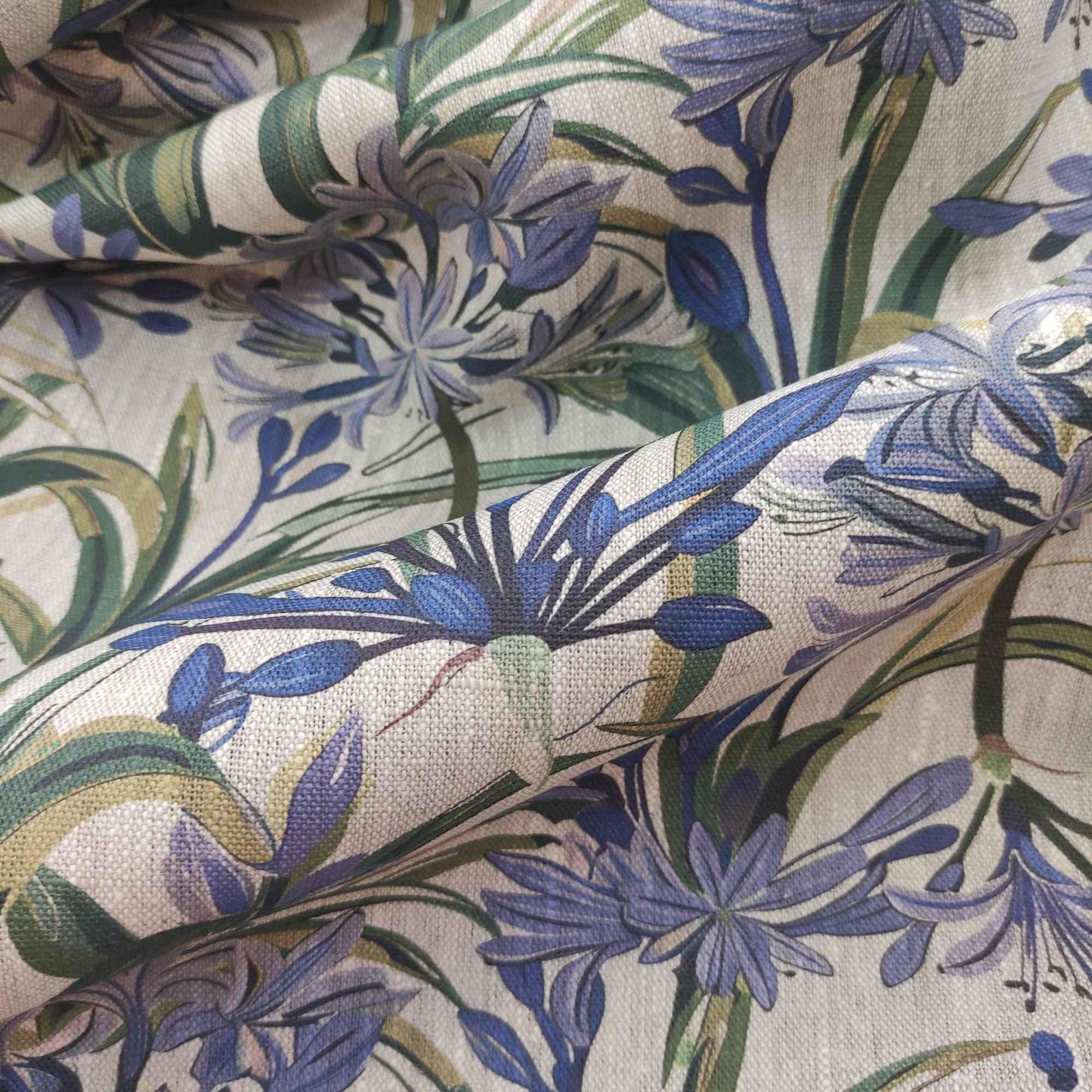 100% LINEN Fabric french blue green purple print on oatmeal natur linen, floral botanical linen fabric for upholstery 324