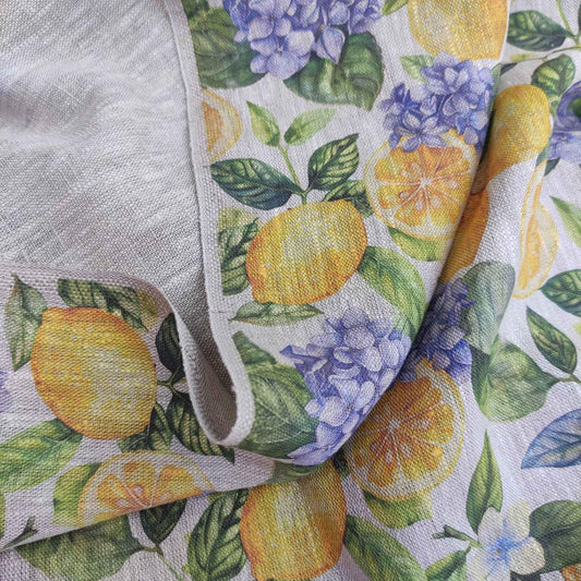 100% LINEN Fabric lemon and hydrangea print - oatmeal natur linen with citrus print - linen fabric home decor upholstery