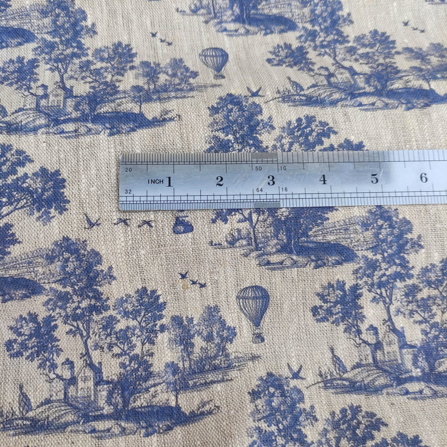 100% LINEN Fabric Toile de Jouy with air Balloon, oatmeal natur linen fabric with blue indigo print, coastal French linen fabric upholstery