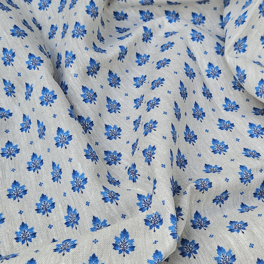 100% LINEN Fabric Blue flower - Modern vintage floral print on oatmeal linen for home decor sewing dress clothing 2638