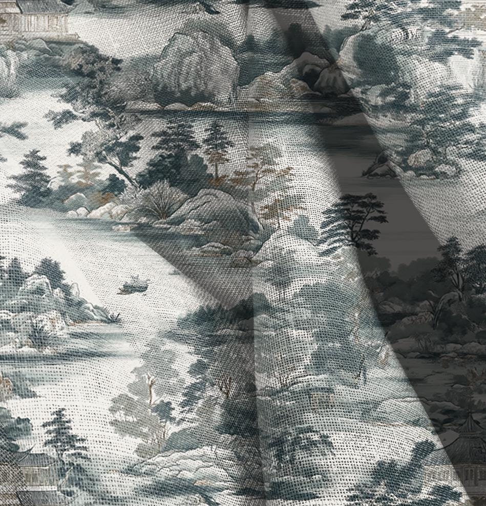100% LINEN Fabric block print oriental scenery, linen fabric with stony island print, heavy linen fabric for upholstery home decor