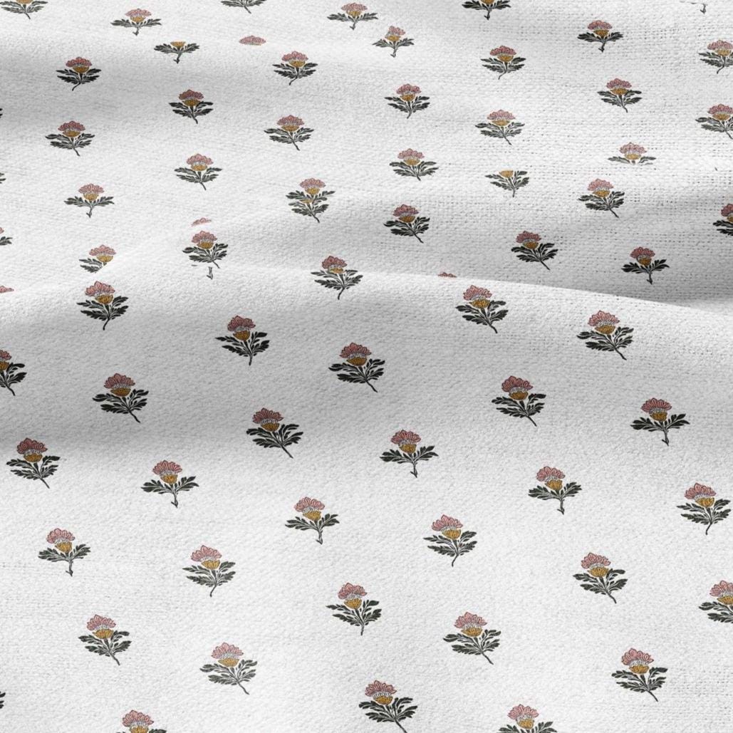 100% LINEN Fabric block print green red on white - linen fabric with floral print -heavy linen fabric for upholstery home decor