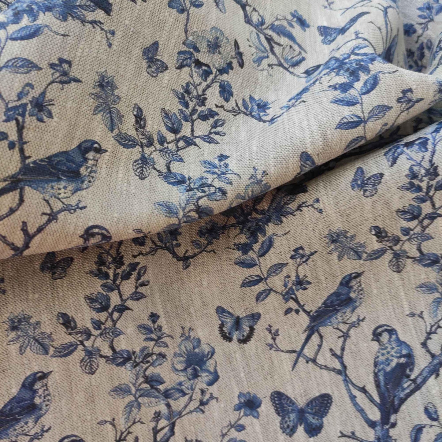100% LINEN Fabric french blue block print on oatmeal natur linen, floral toile de jouy fabric, French linen floral upholstery