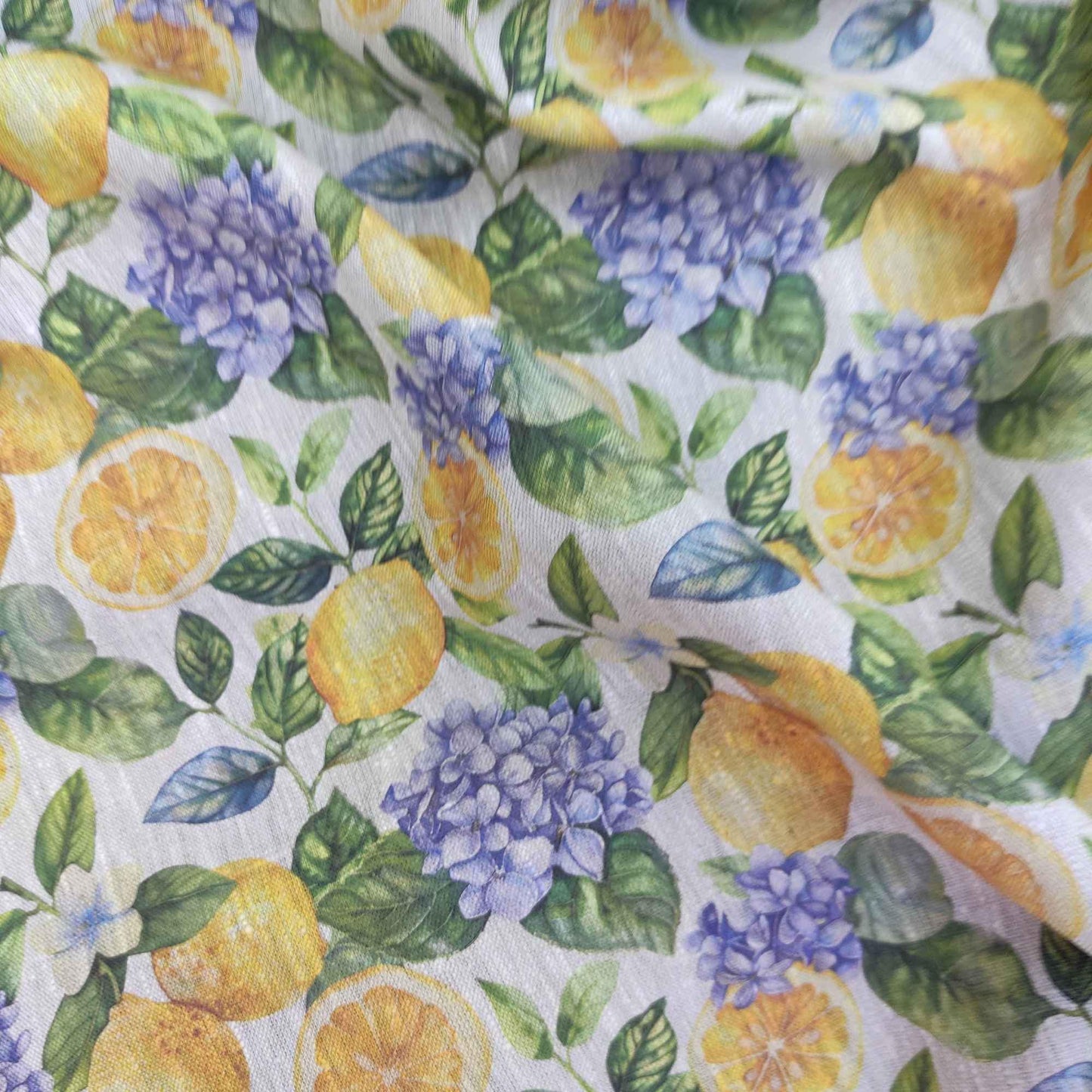 100% LINEN Fabric lemon and hydrangea print - oatmeal natur linen with citrus print - linen fabric home decor upholstery