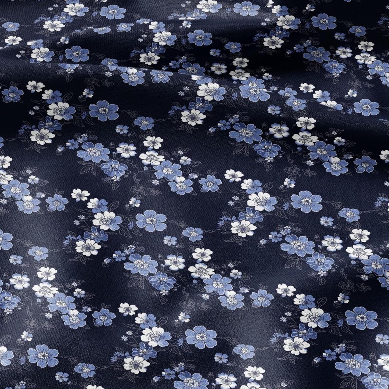100% LINEN Fabric Japanes blue floral print on white linen - indigo flower on flax fabric for uphlstery heavy / medium for clothing 2579
