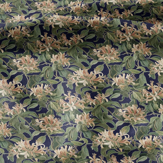 100% LINEN Honeysuckle print - Blue greenery blossom - floral fabric for dress making or home decor 2974