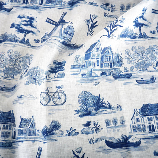 100% LINEN Fabric Delft Holland scenery - linen fabric with blue white print - heavy linen fabric for upholstery home decor tablecloth