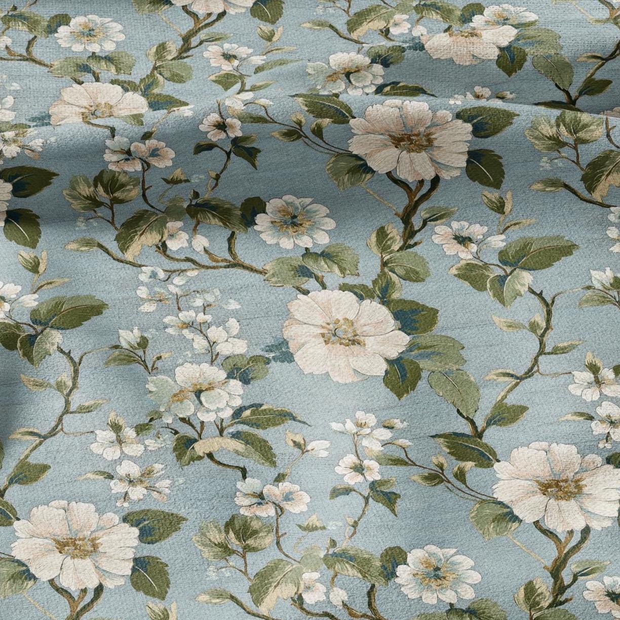 100% LINEN Fabric Apple Blossom print - modern contemporary Chinoiserie print on linen fabric upholstery dress making curtains