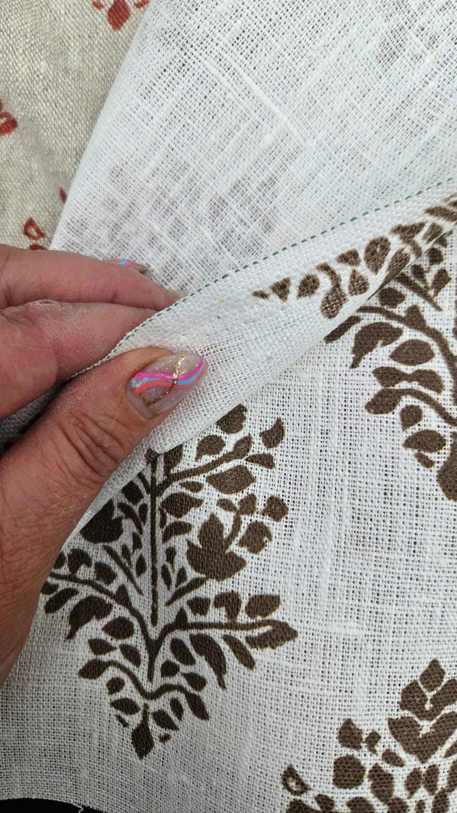 100% LINEN Fabric block print bron on white linen, botanical fabric with brown indian block print on linen for home decor upholstery