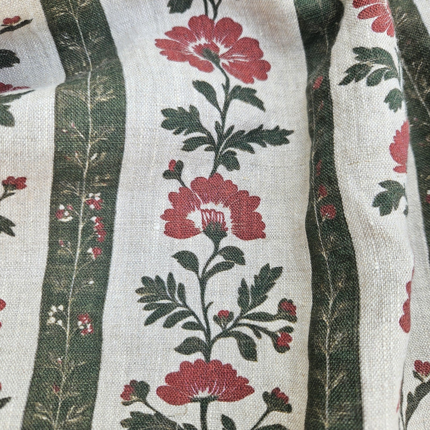 100% LINEN Fabric floral stripe block print oatmeal linen - green red gray heavy fabric upholstery - medium weight linen dress making 2506