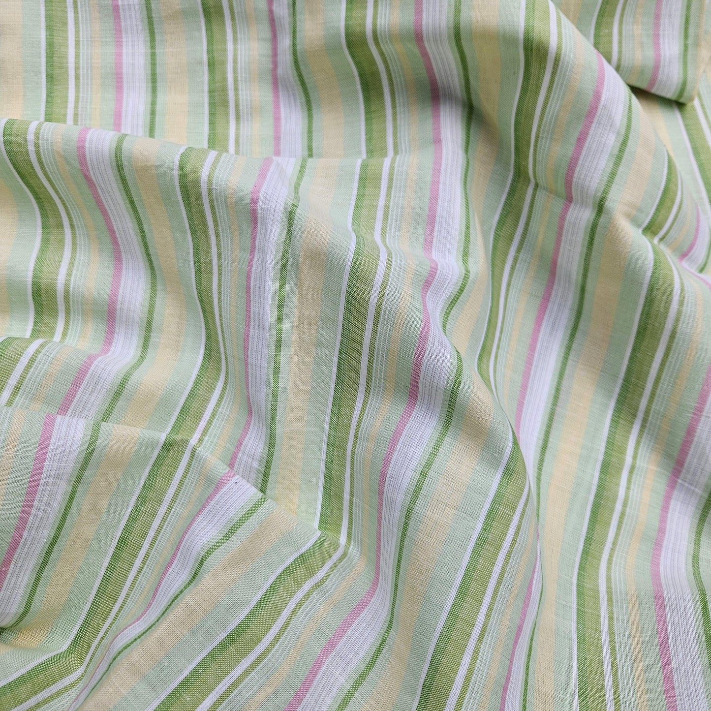 Premium Linen striped Fabric in pastel green white | Medium weight multicolor stripes Andalusia Stripe for clothing home textile