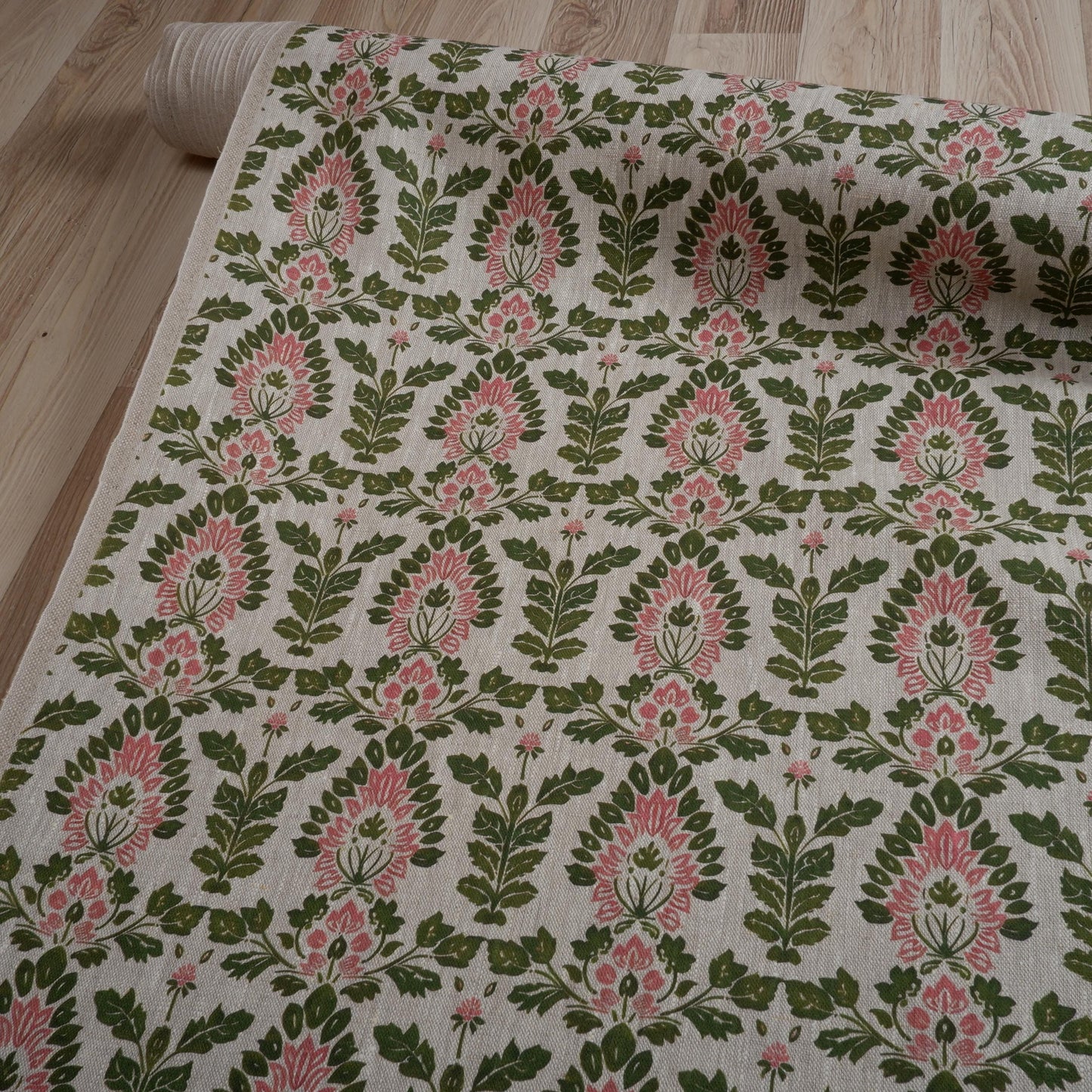 100% LINEN Fabric block print floral pink green on grey, oatmeal natur linen fabric with botanical print for upholstery home decor