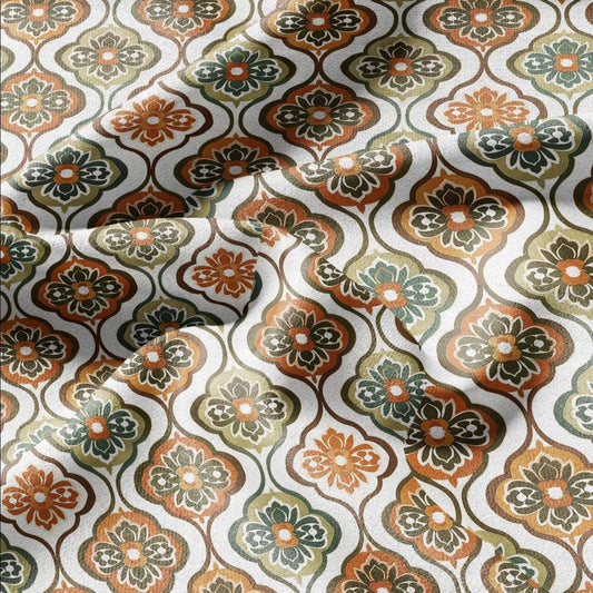 100% LINEN Fabric Vintage print - orange green white Retro block print - upholstery home decor clothing sewing 2868