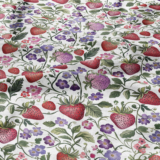 100% LINEN Fabric with strawberry field print - linen fabric with berries floral print - linen fabric upholstery home decor dressmaking