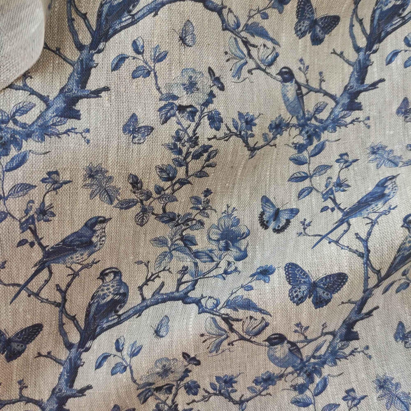 100% LINEN Fabric french blue block print on oatmeal natur linen, floral toile de jouy fabric, French linen floral upholstery