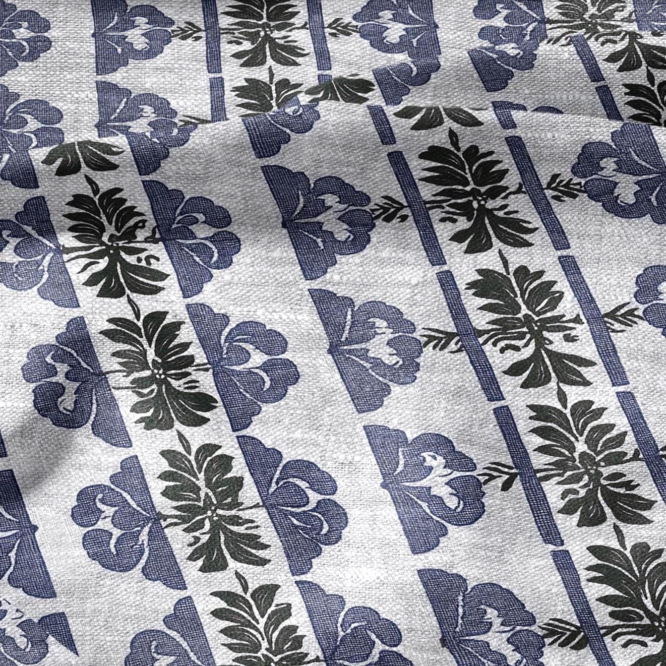 100% LINEN Fabric hand block print floral stripe - oatmeal linen fabric with blue green print - fabric for home decor upholstery