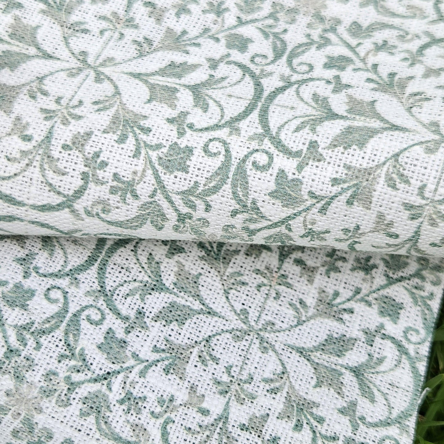 100% LINEN Fabric block print sage green on white - heavy linen fabric for upholstery home decor or medium for clothing 2559
