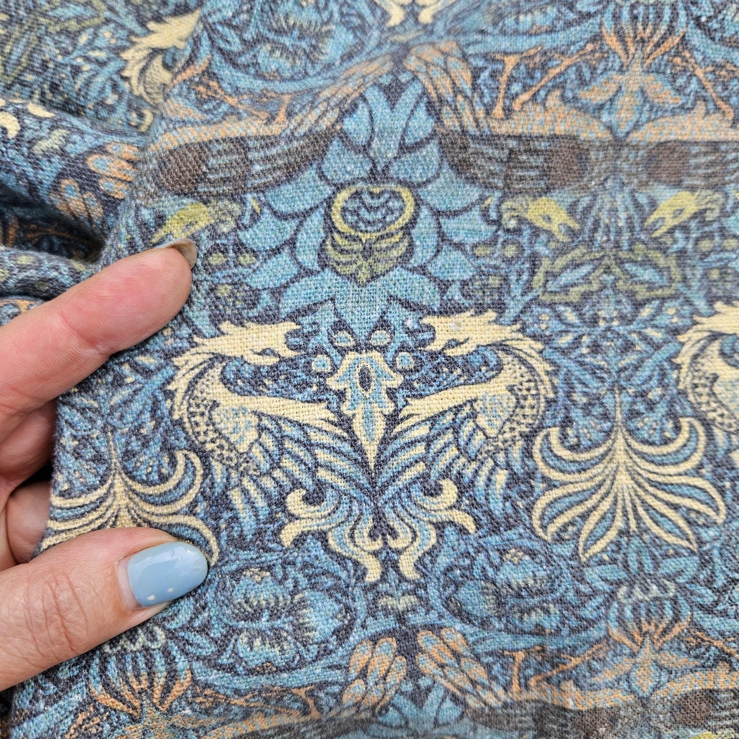 William Morris Dragon and peacock print on 100% LINEN, Victorian Art and crafts linen Fabric, Linen fabric botanical Historical pattern