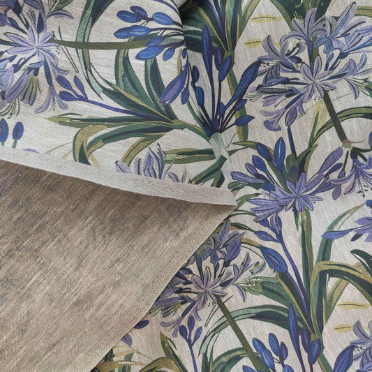 100% LINEN Fabric french blue green purple print on oatmeal natur linen, floral botanical linen fabric for upholstery 324