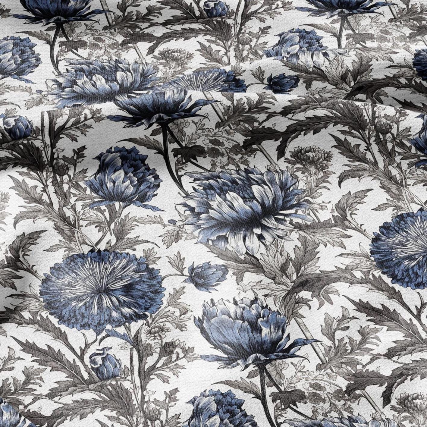 100% LINEN Fabric blue flower print on white linen - Floral print flax fabric for uphlstery heavy / medium for clothing 2575