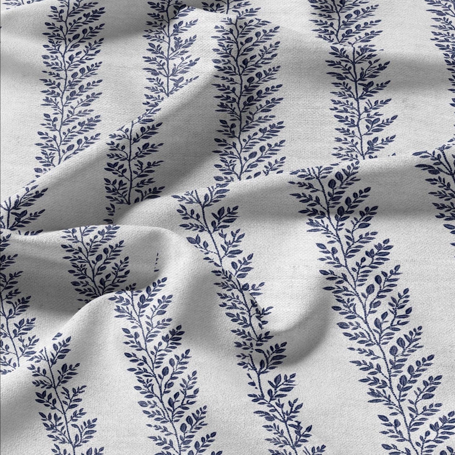 100% LINEN Fabric french blue floral stripe print on white linen - tree leaves on flax fabric for uphlstery heavy / medium for clothing 2580