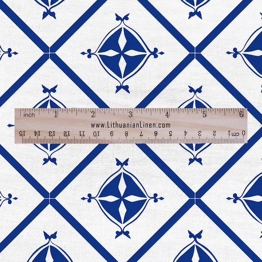 100% LINEN Fabric indigo blue geometric block print - modern vintage floral linen fabric for upholstery or home decor 2970