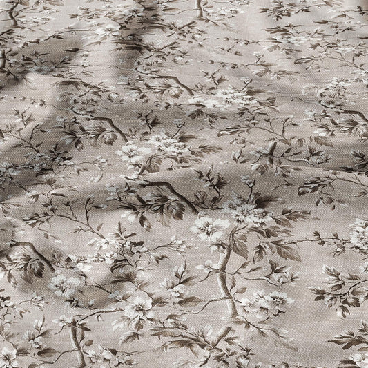 100% LINEN Fabric Toile de Jouy in beige brown, botanical flax fabric with French country Provence print for upholstery dressmaking clothing