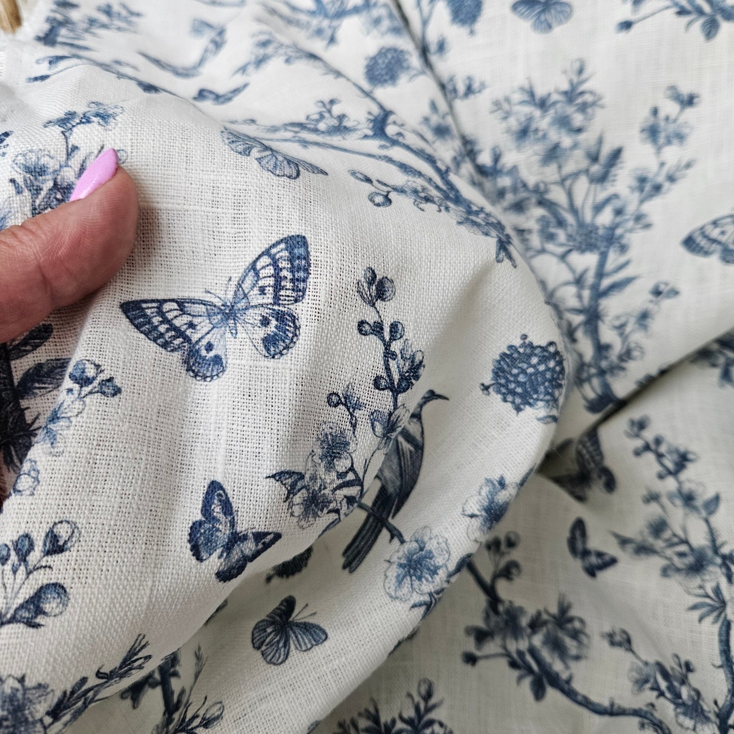 100% LINEN Fabric Toile de Jouy, white botanical fabric with blue indigo print, French linen floral Birds and butterflies
