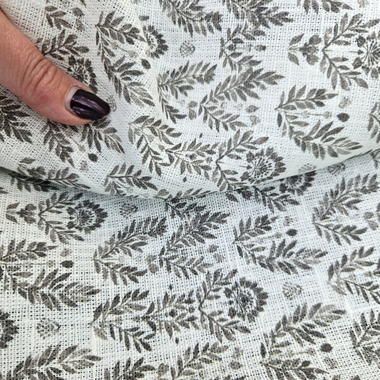 100% LINEN Fabric block print grey white - heavy linen fabric for upholstery home decor or medium for clothing 368W