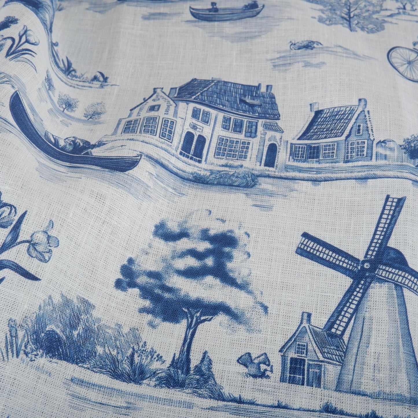 100% LINEN Fabric Delft Holland scenery - linen fabric with blue white print - heavy linen fabric for upholstery home decor tablecloth