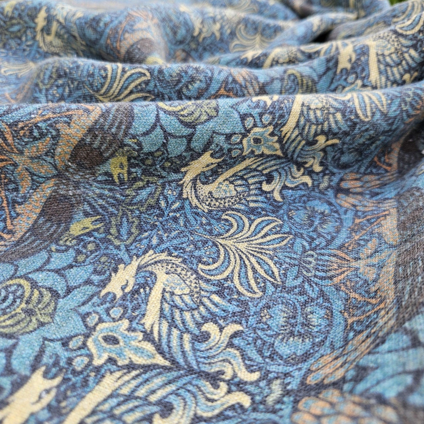 William Morris Dragon and peacock print on 100% LINEN, Victorian Art and crafts linen Fabric, Linen fabric botanical Historical pattern