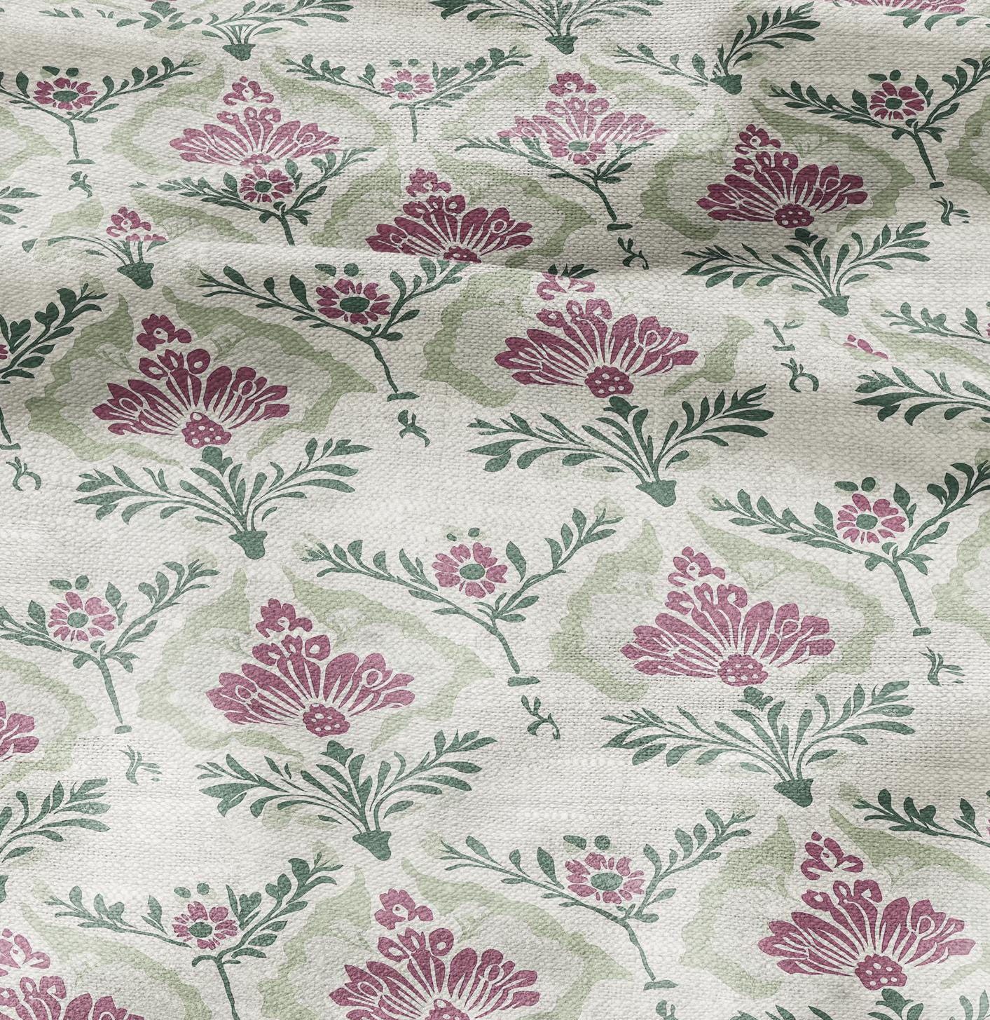 100% LINEN Fabric floral with botanical print - linen fabric with pale green print for upholstery home decor curtains pillowcases