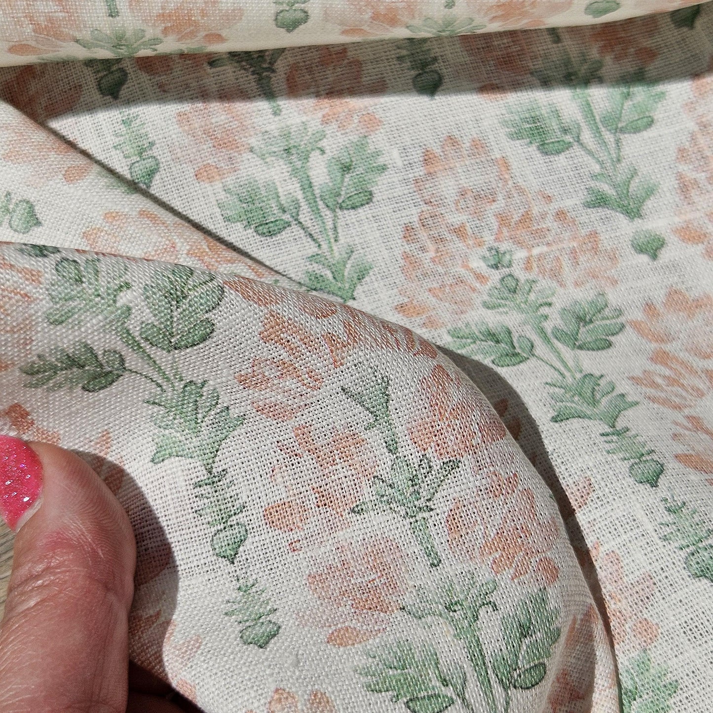 100% LINEN Fabric floral - Pastel Botanical block print fabric large flowers pink blue green for upholstery curtains home textile 2572