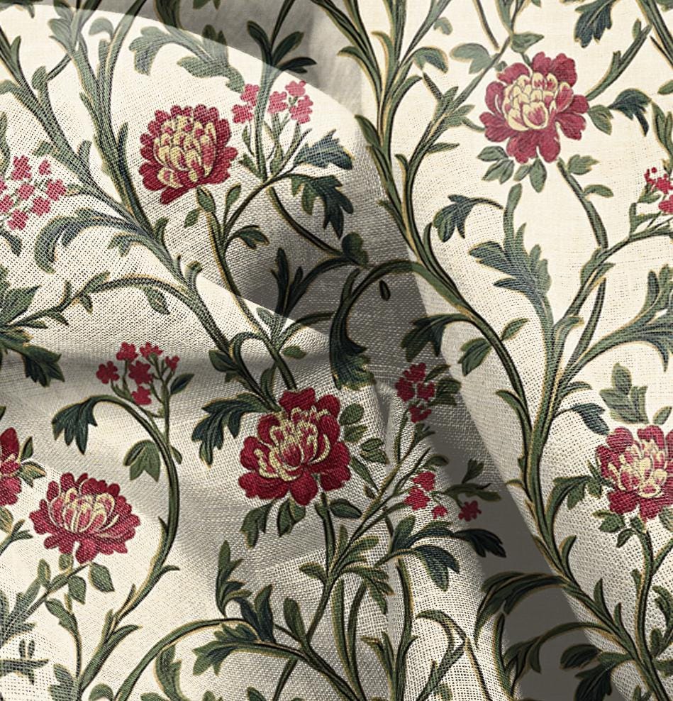 100% LINEN Fabric oriental with floral print, linen fabric with botanical print, heavy linen fabric for upholstery home decor