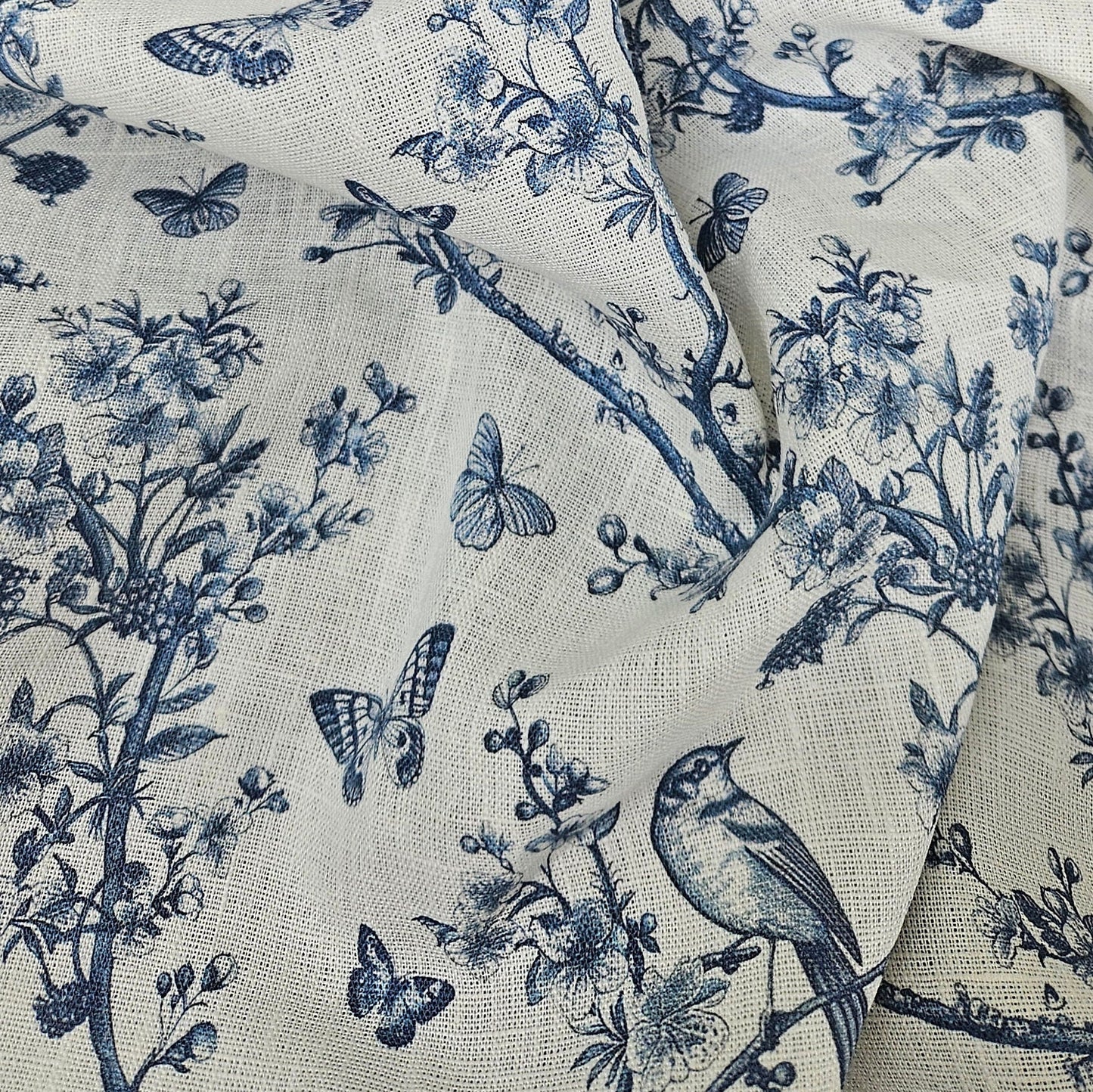 100% LINEN Fabric Toile de Jouy , white botanical fabric with blue indigo print, French linen floral Birds and butterflies