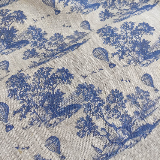 100% LINEN Fabric Toile de Jouy with air Balloon, oatmeal natur linen fabric with blue indigo print, coastal French linen fabric upholstery