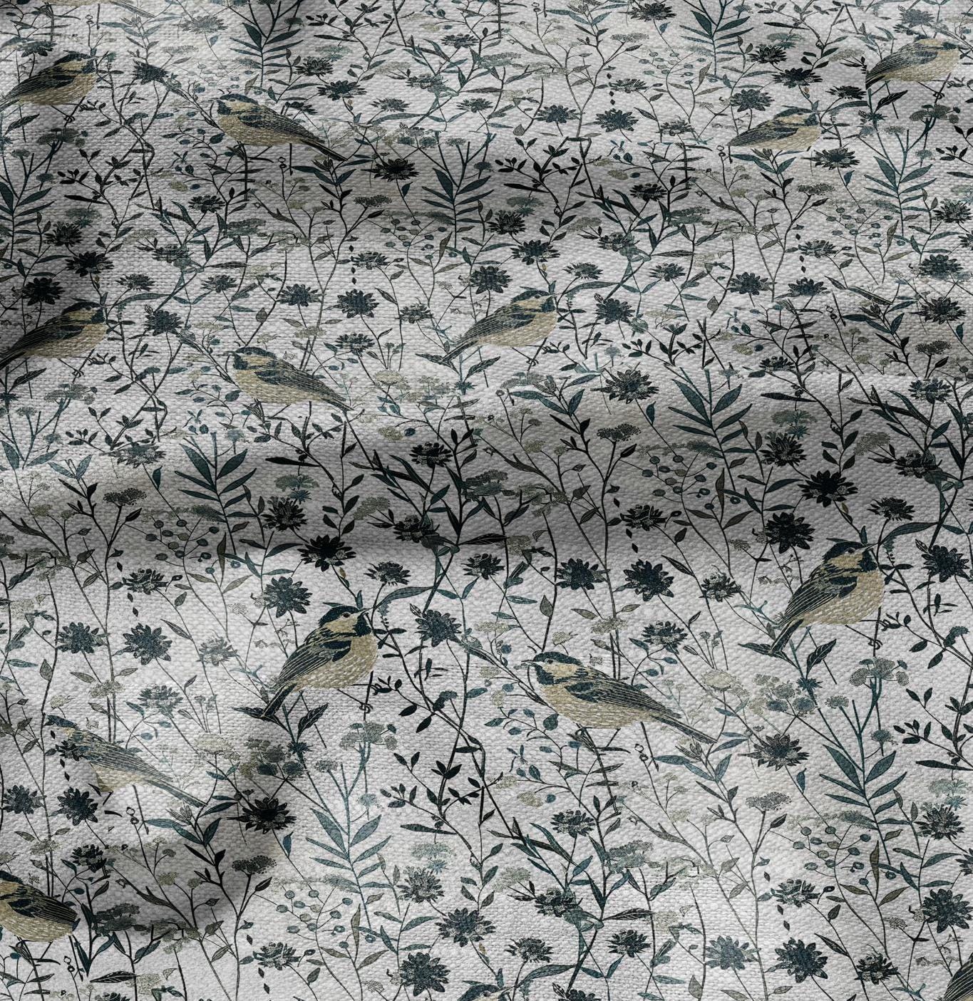 100% LINEN Fabric floral with birds meadow print - heavy linen fabric with pale green print for upholstery home decor curtains pillowcases
