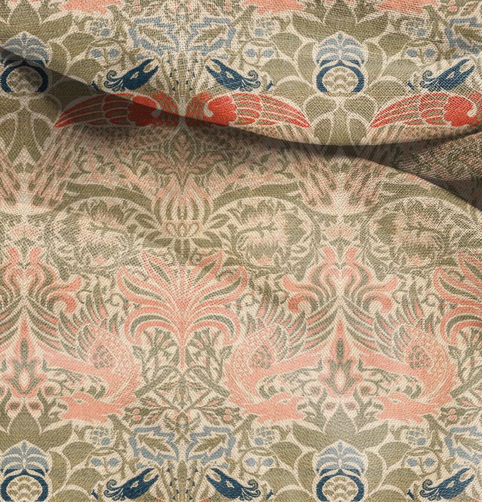 William Morris Dragon and peacock print on 100% LINEN, Victorian Art and crafts linen Fabric, Linen fabric botanical Historical pattern