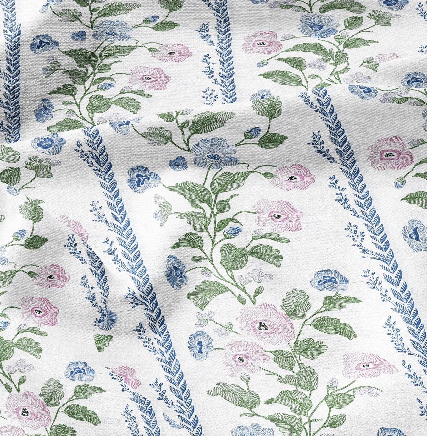 100% LINEN Fabric floral stripe print - oatmeal neutral fabric with pink blue green print - linen fabric upholstery home decor dressmaking