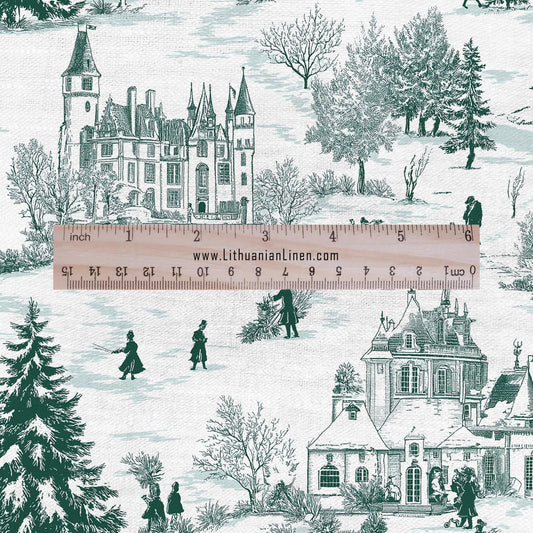 100% LINEN Fabric Winter Castle - toile de jouy green white print linen heavy for upholstery home decor - medium for dress making 2813